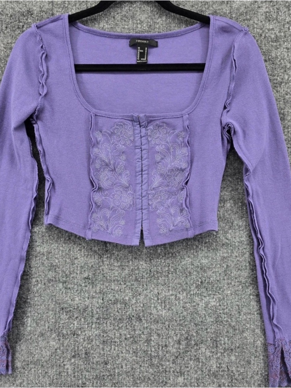 Purple Square-Neck Bustier Long Sleeve Crop Top